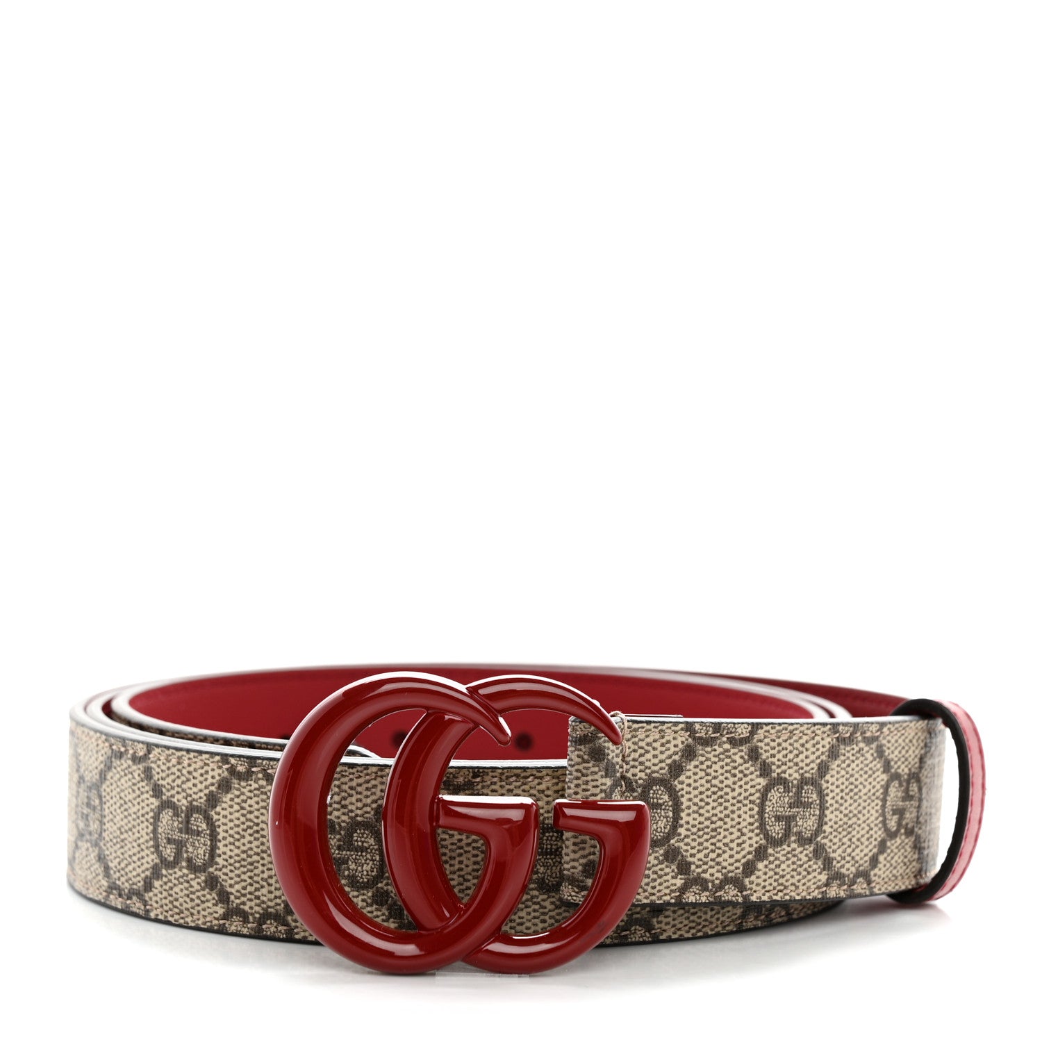 Gucci GG Supreme Monogram Plutone Calfskin Enamel Double G 30mm Belt 115 46 Beige Ebony New Cherry Red 1 of 5