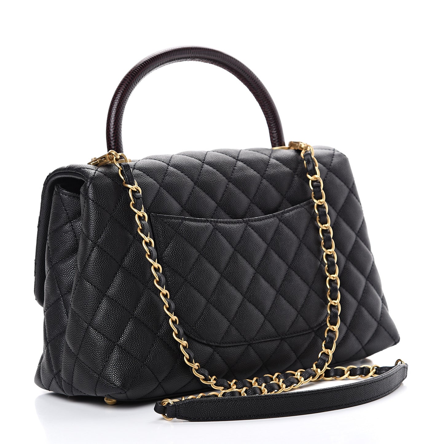 Caviar Lizard Embossed Quilted Small Coco Handle Flap Black