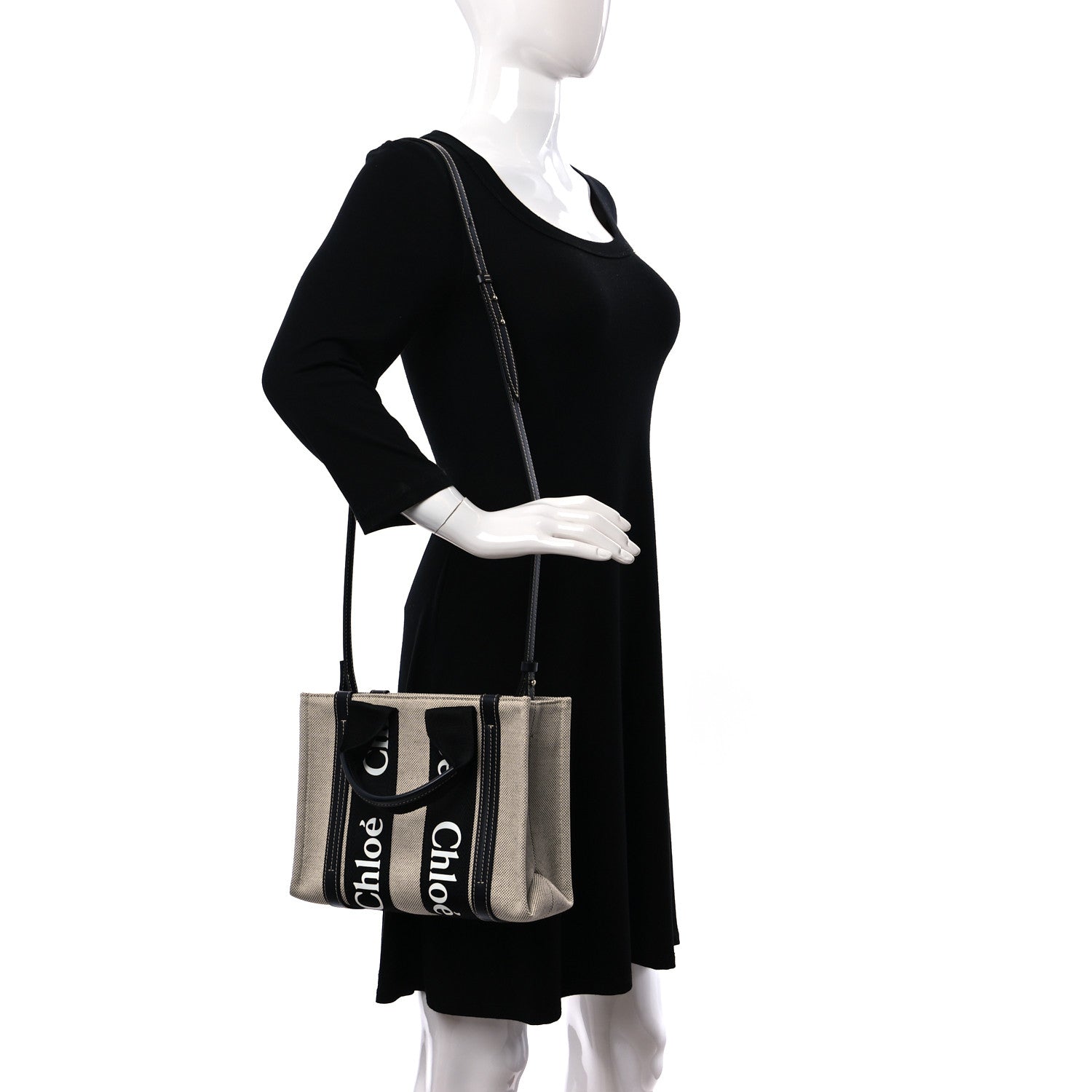 Chloe Cotton Calfskin Small Woody Ribbon Tote With Strap Black Blue 2 of 9
