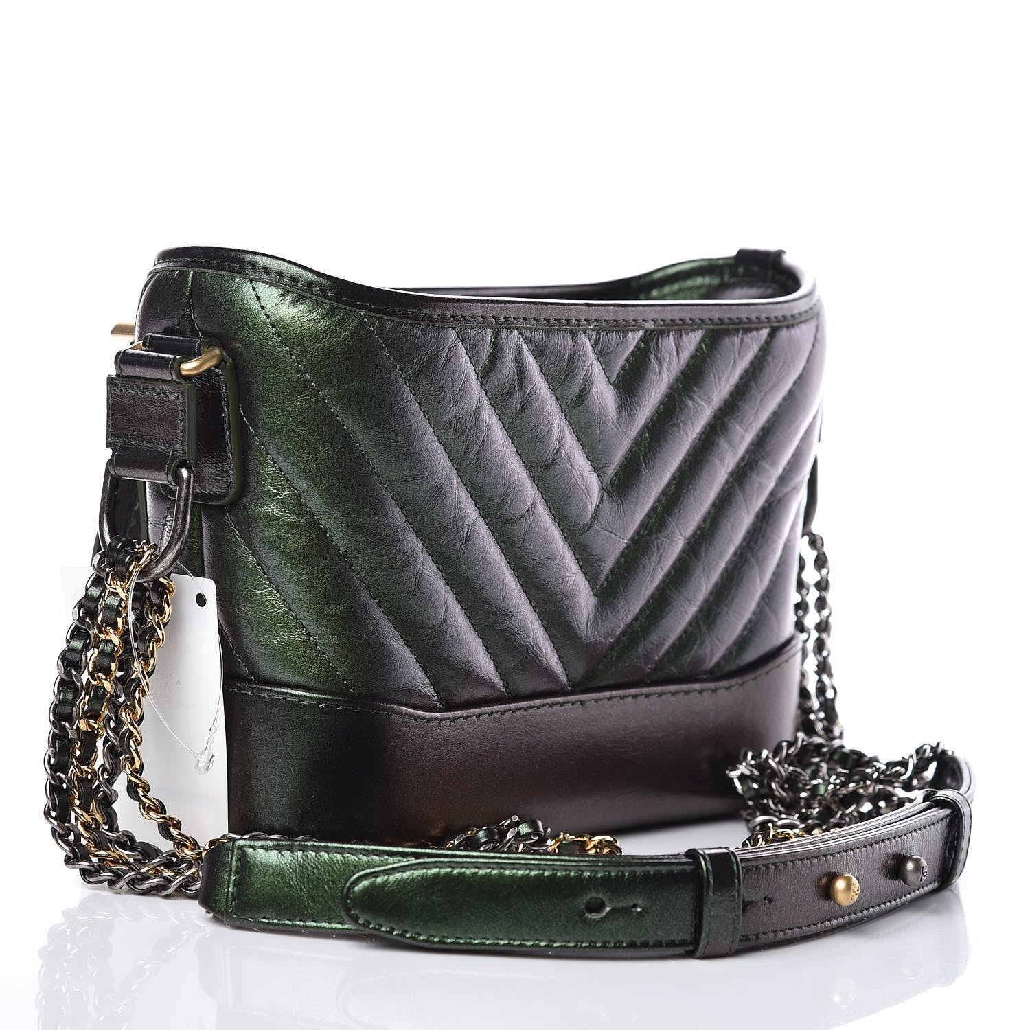 Chanel Metallic Calfskin Chevron Quilted Small Gabrielle Hobo Green 3 of 12