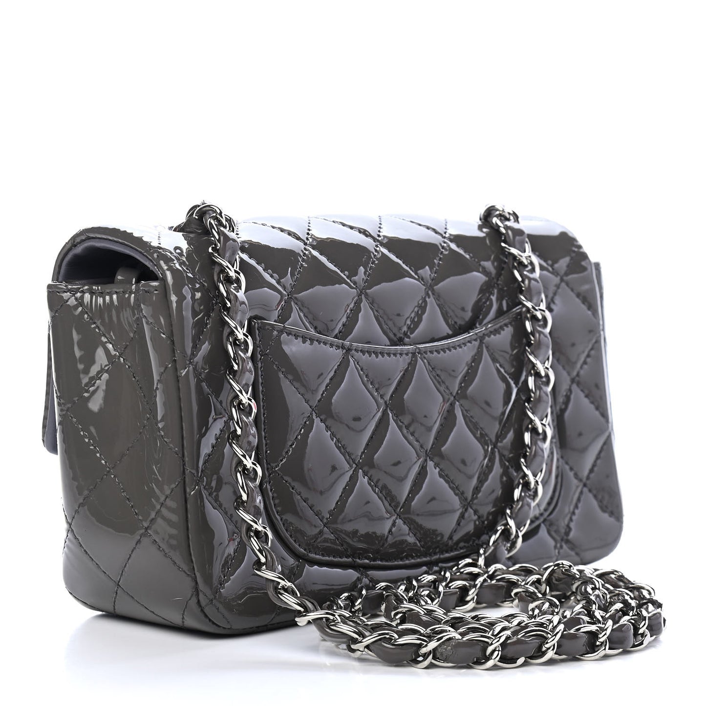 Patent Calfskin Quilted Mini Rectangular Flap Grey