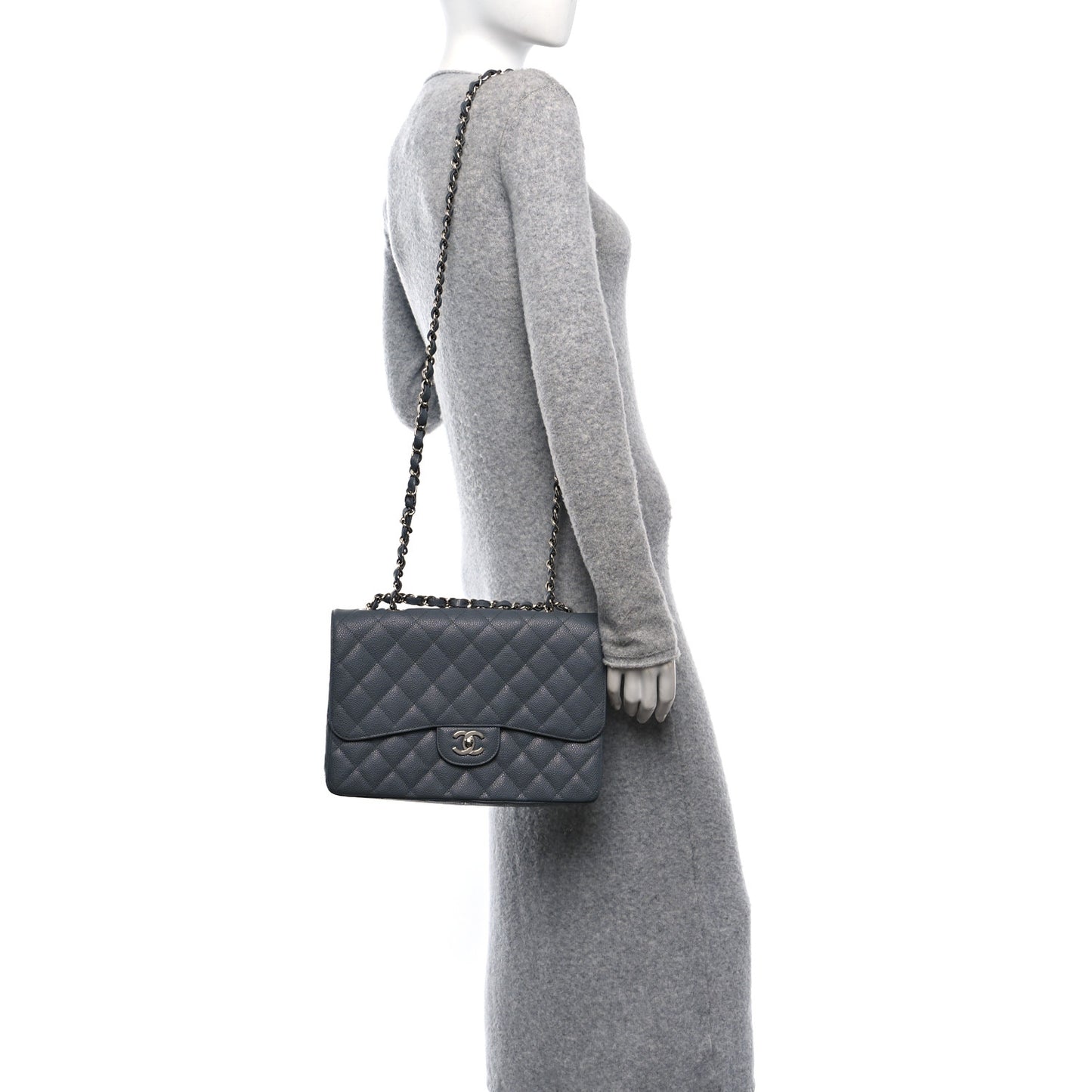 Caviar Quilted Jumbo Single Flap Grey