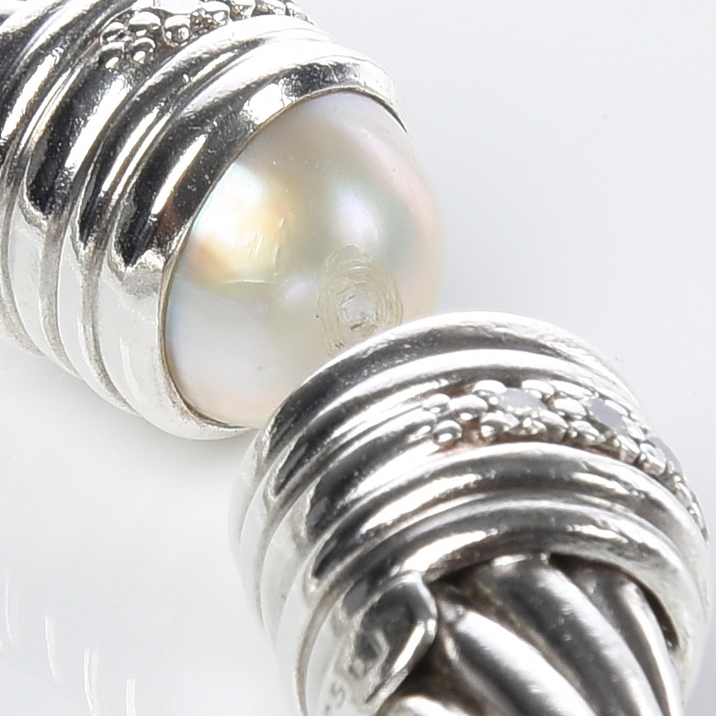 Sterling Silver Pearl Diamond 10mm Cable Classics Hinged Bracelet XL