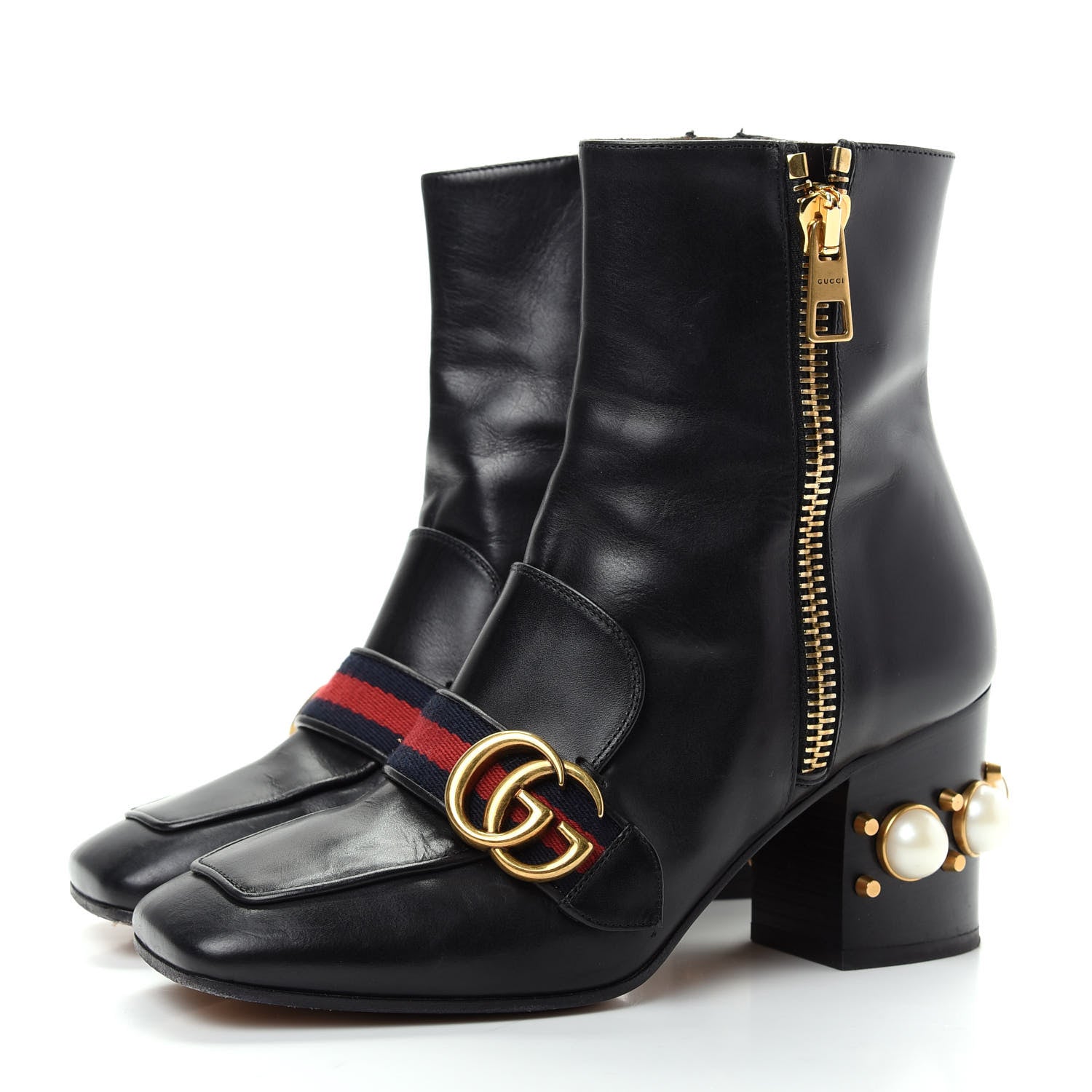 Gucci Betis Glamour Calfskin Web Pearl Embellished Peyton 75mm Ankle Boots 36 Black 3 of 11