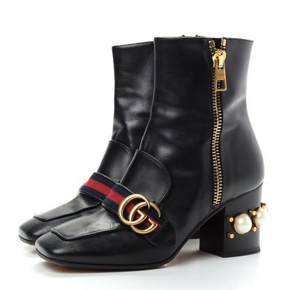 Gucci Betis Glamour Calfskin Web Pearl Embellished Peyton 75mm Ankle Boots 36 Black 3 of 11