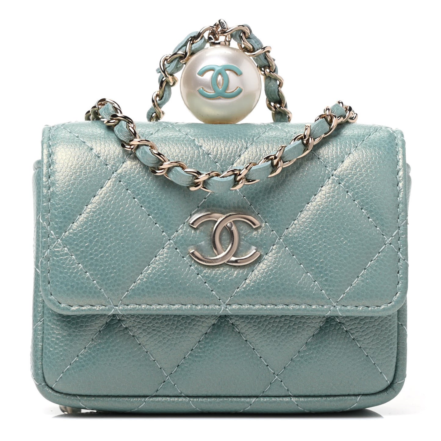 Iridescent Caviar Quilted Pearl Card Holder On Chain Green