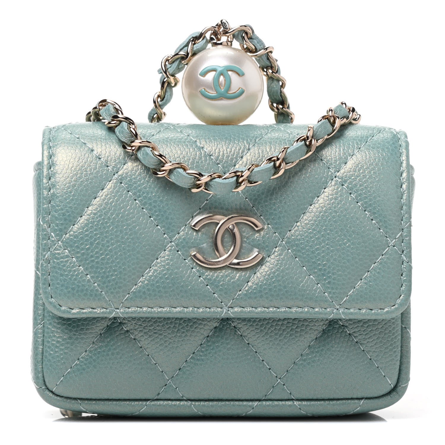 Chanel Iridescent Caviar Quilted Pearl Card Holder On Chain Green 1 of 3