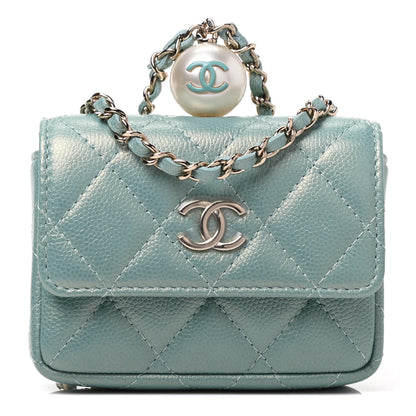 Chanel Iridescent Caviar Quilted Pearl Card Holder On Chain Green 1 of 3