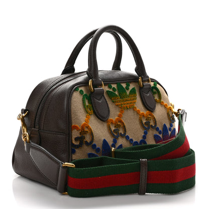 Gucci X ADIDAS Canvas Textured Dollar Calfskin Web GG Monogram Trefoil Medium Bowling Bag Beige Brown Multicolor 3 of 8