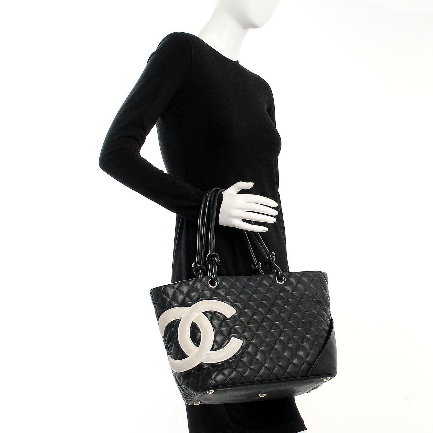 Calfskin Quilted Large Cambon Tote Black White