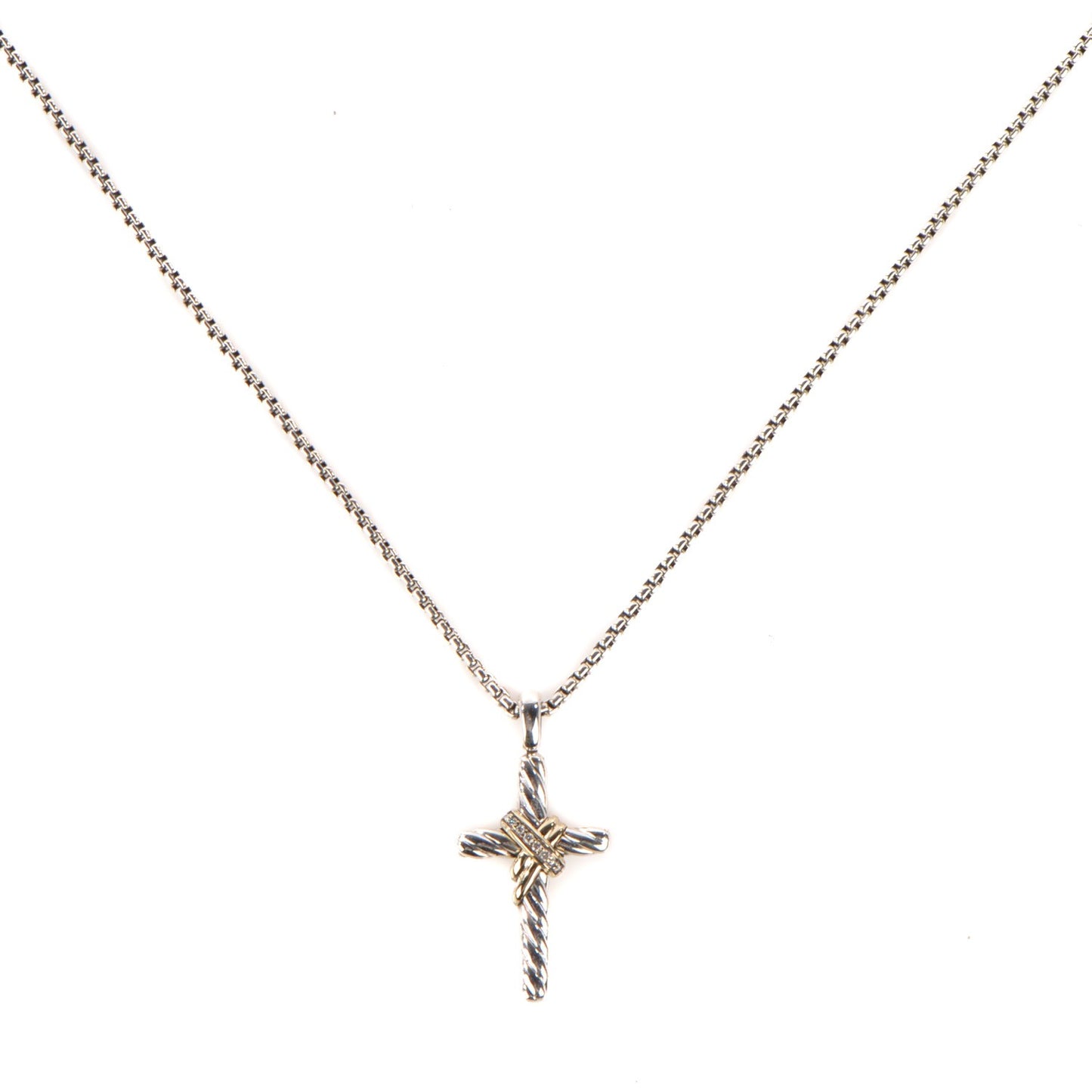Sterling Silver 14K Yellow Gold Diamond 32mm X Cross Pendant Necklace