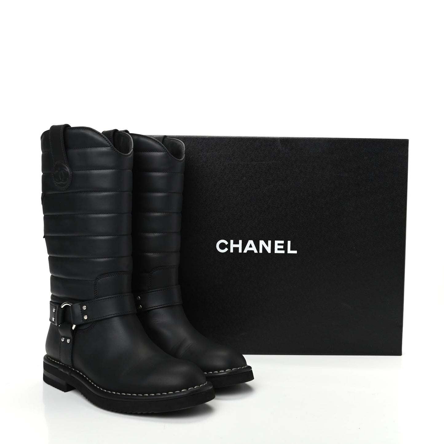 Oily Calfskin Star Quilted Biker Boots 36.5 Black