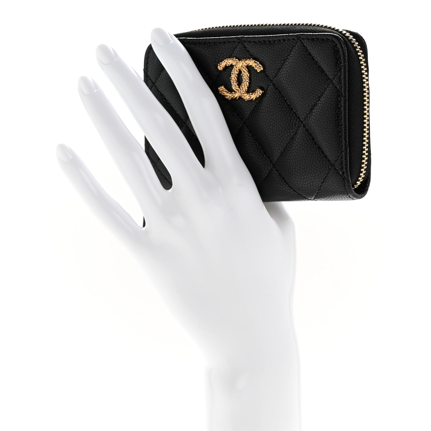 Chanel Caviar Quilted Crystal Zip Around Coin Purse Wallet Black 2 of 8