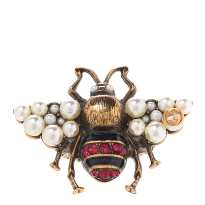 Gucci Metal Crystal Pearl Bee Ring M Aged Gold 1 of 4