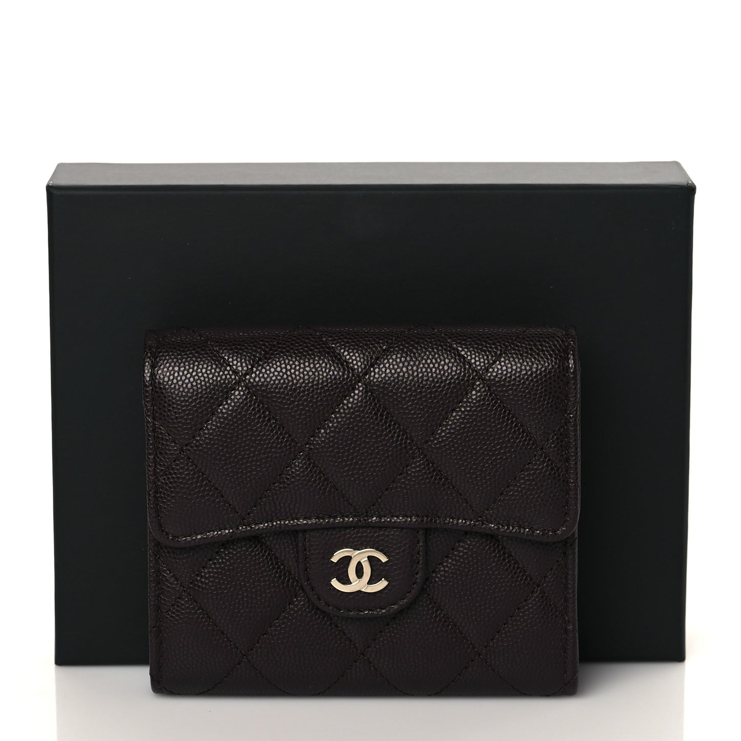 Caviar Quilted Compact Flap Wallet Dark Brown