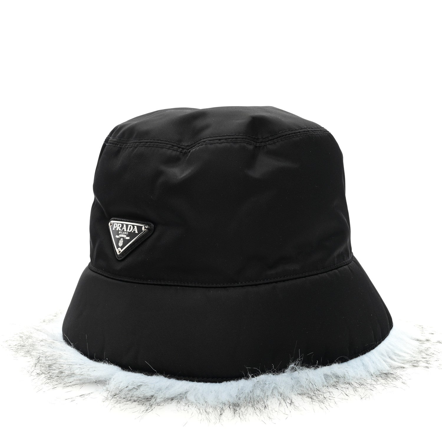 Prada Re-Nylon Faux Fur Metal Triangle Logo Womens Bucket Hat L Black Astro 1 of 8