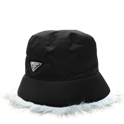Prada Re-Nylon Faux Fur Metal Triangle Logo Womens Bucket Hat L Black Astro 1 of 8
