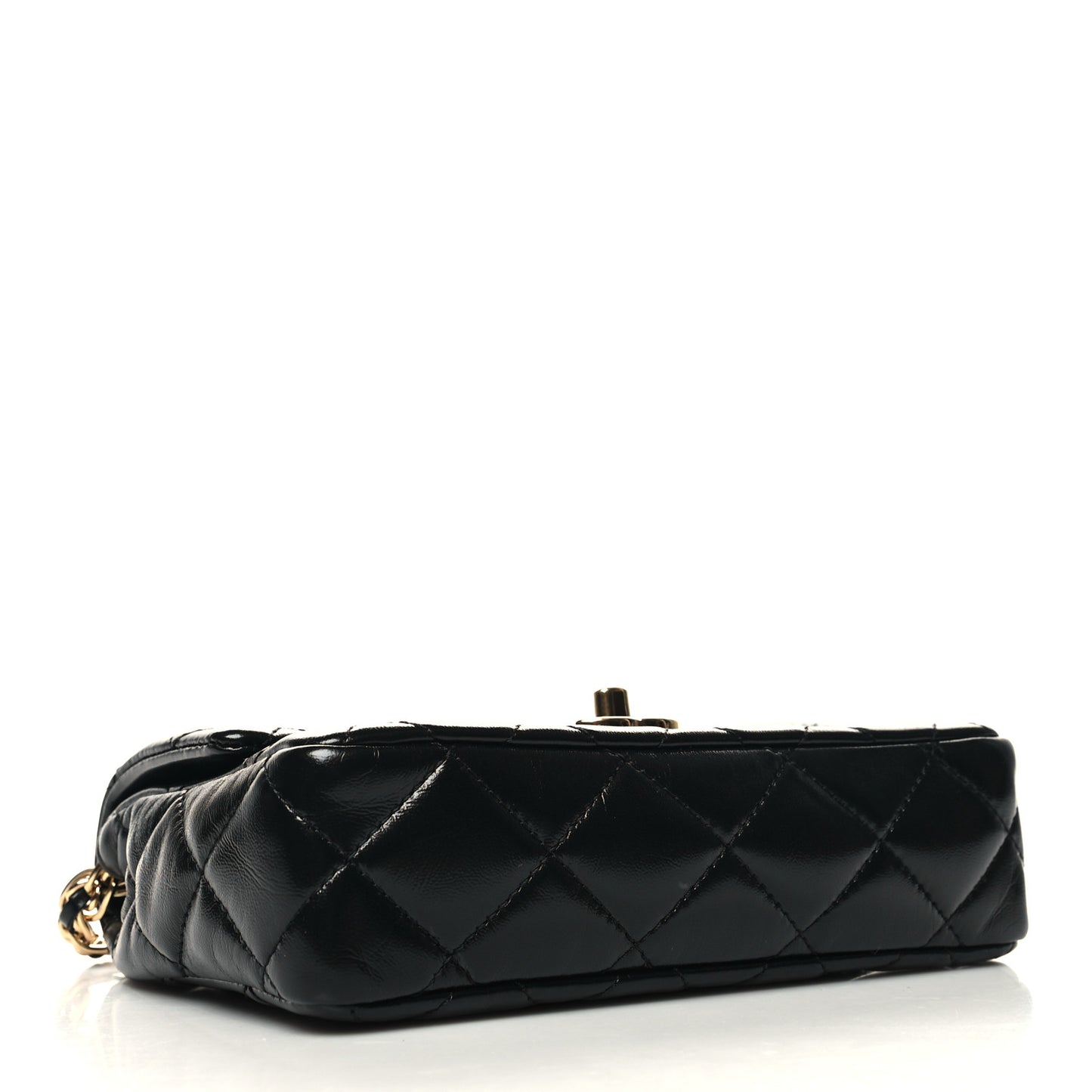 Shiny Lambskin Quilted Golden Links Top Handle Flap Black