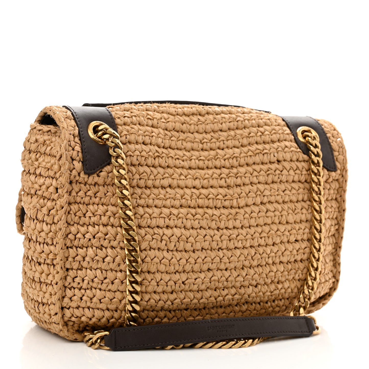 Raffia Calfskin Monogram Medium Niki Chain Satchel Natural