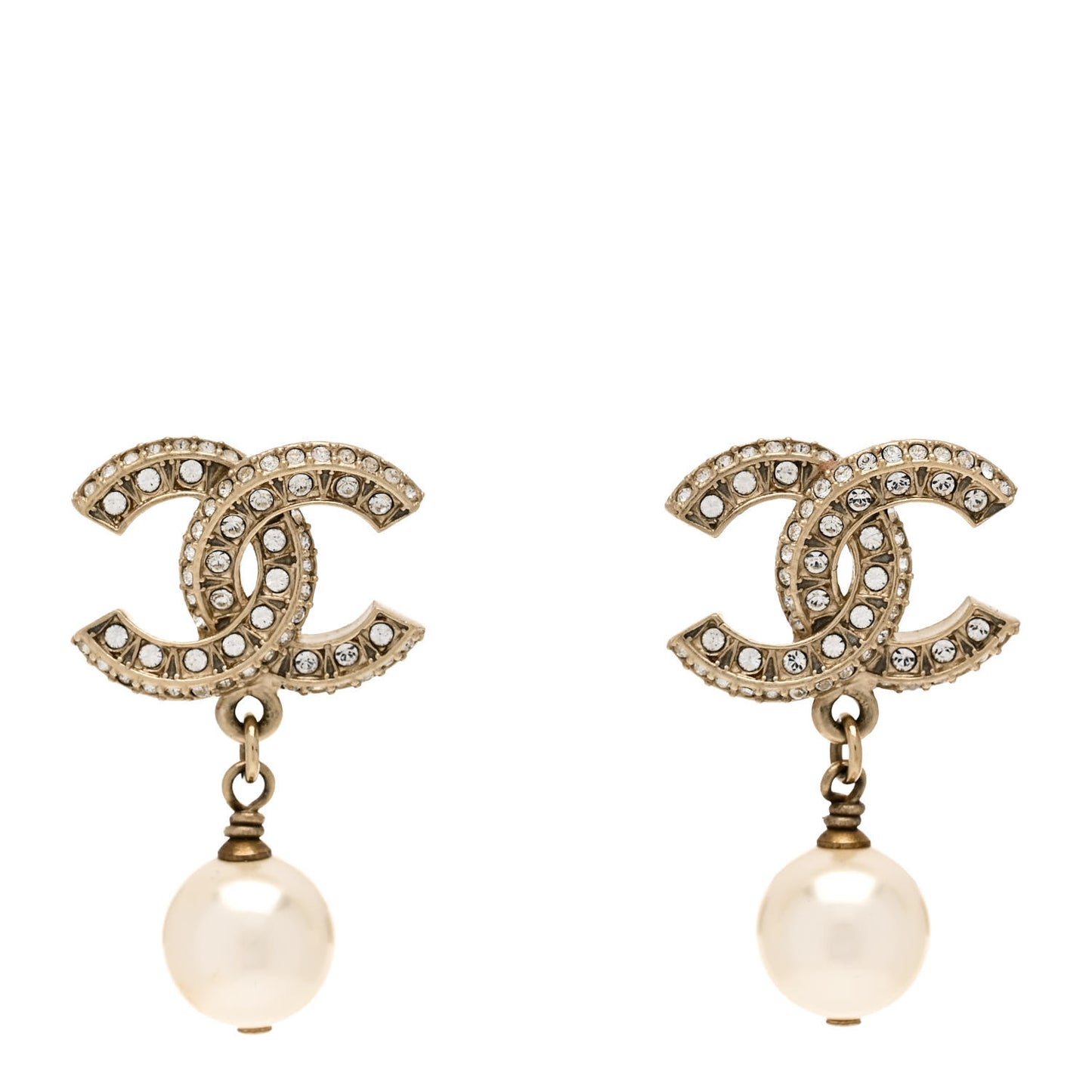 Crystal Pearl CC Drop Earrings Gold