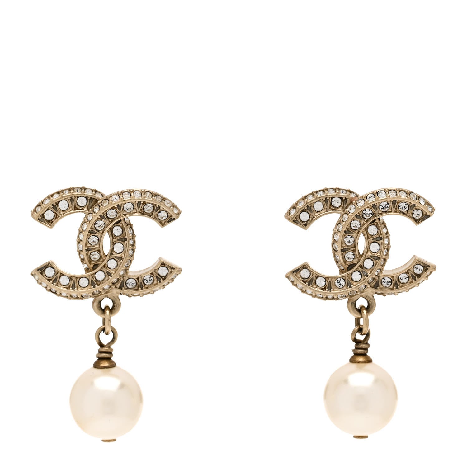 Chanel Crystal Pearl CC Drop Earrings Gold 1 of 5