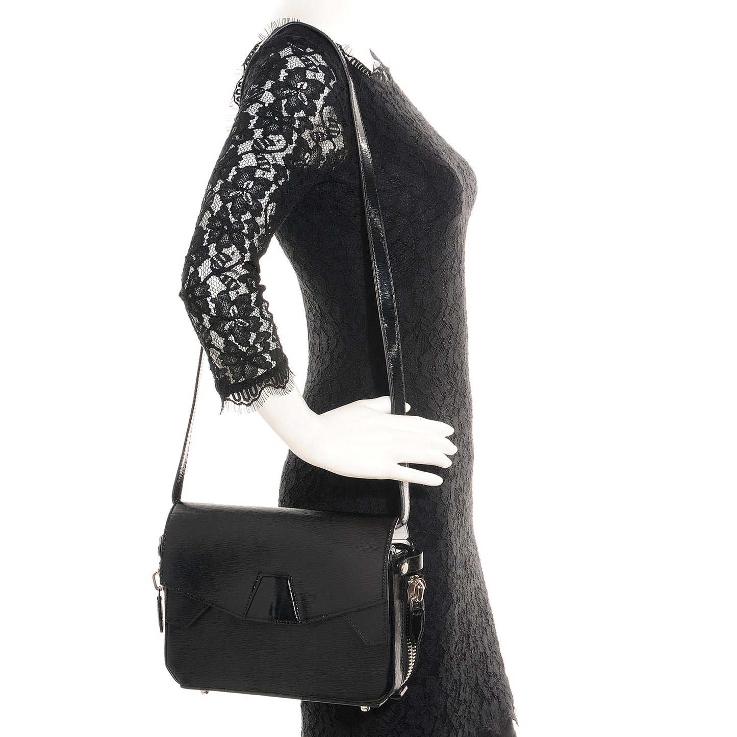 Textured Patent Tri-Fold Shoulder Bag Black