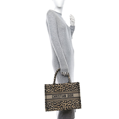 Christian Dior Canvas Mizza Embroidered Medium Leopard Book Tote Beige 2 of 8