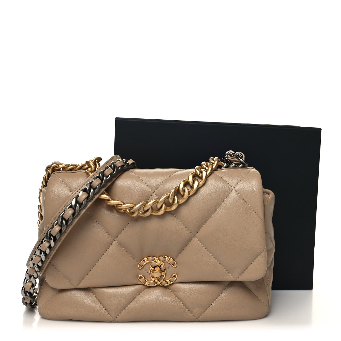 Lambskin Quilted Large Chanel 19 Flap Dark Beige