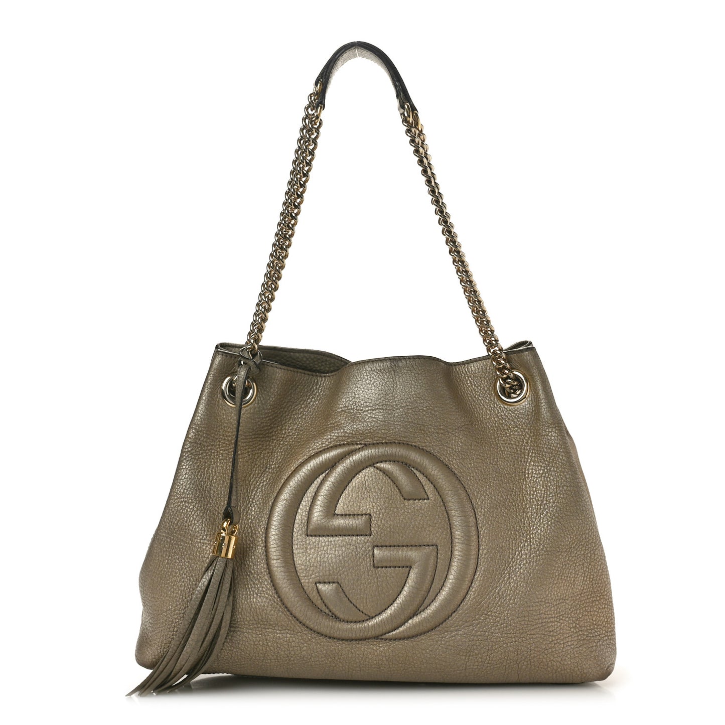 Metallic Pebbled Calfskin Medium Soho Chain Shoulder Bag Golden Beige