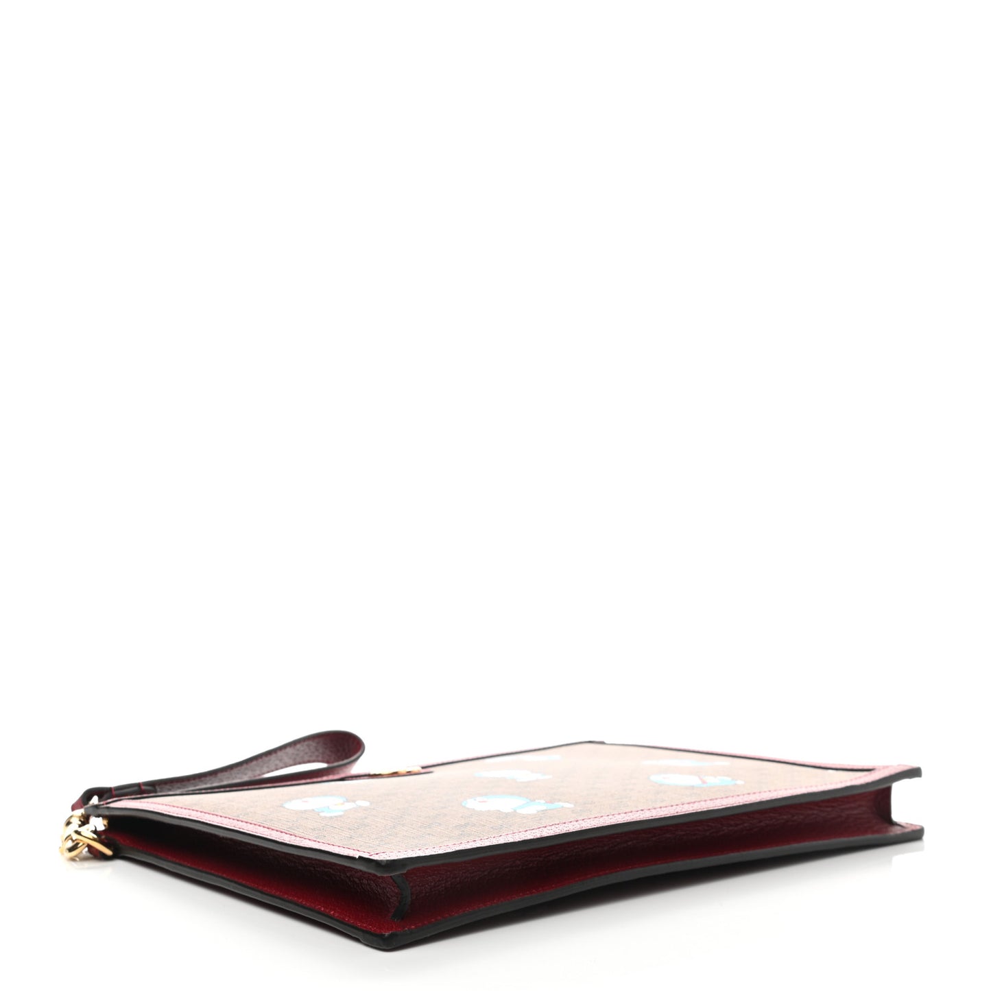 X DORAEMON Mini Vintage GG Supreme Monogram Wristlet Pouch Beige Cherry Red