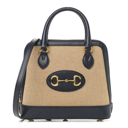 Gucci Vintage Rice Canvas Plutone Calfskin Small Horsebit 1955 Top Handle Bag Beige Blue 1 of 10