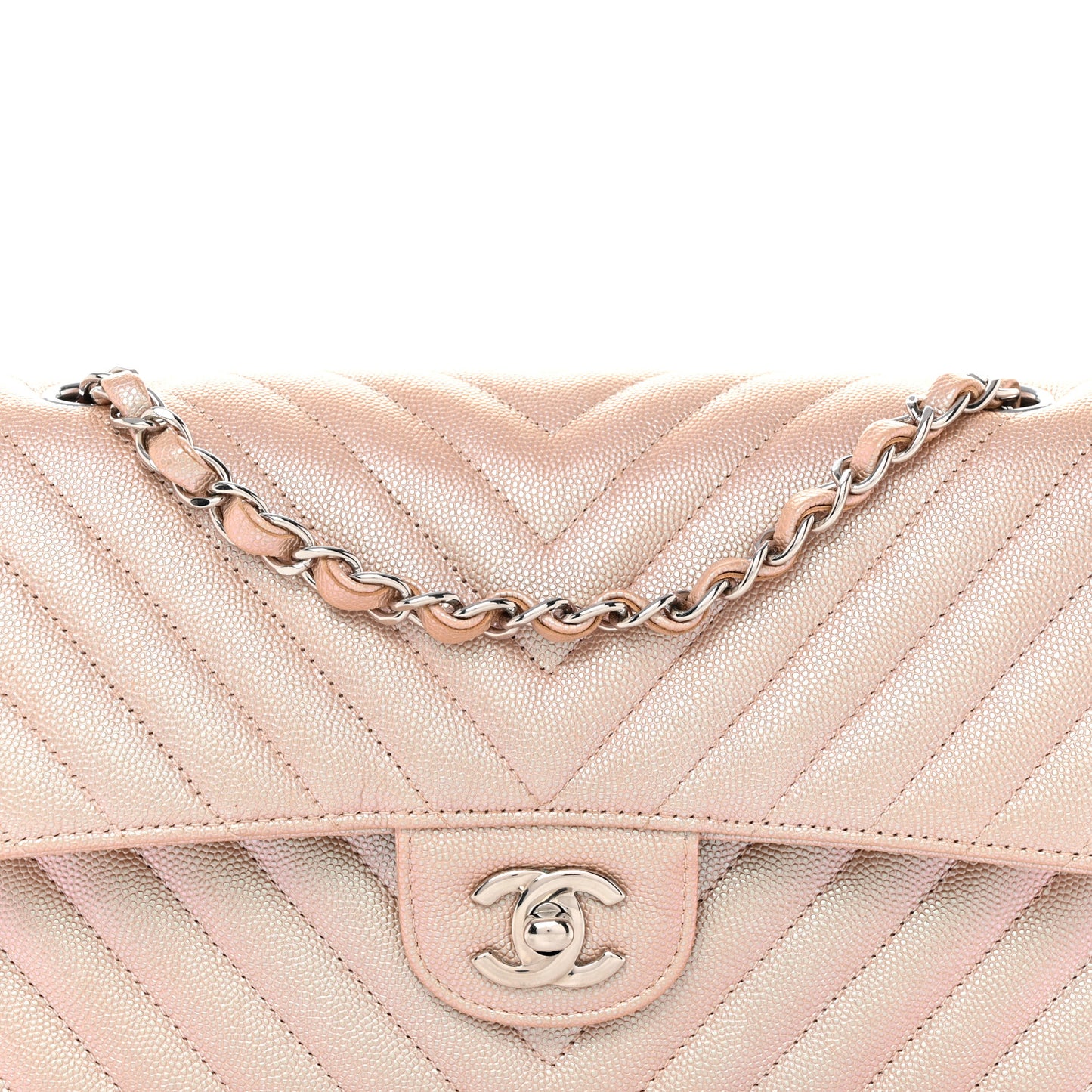 Metallic Caviar Chevron Quilted Medium Double Flap Light Gold
