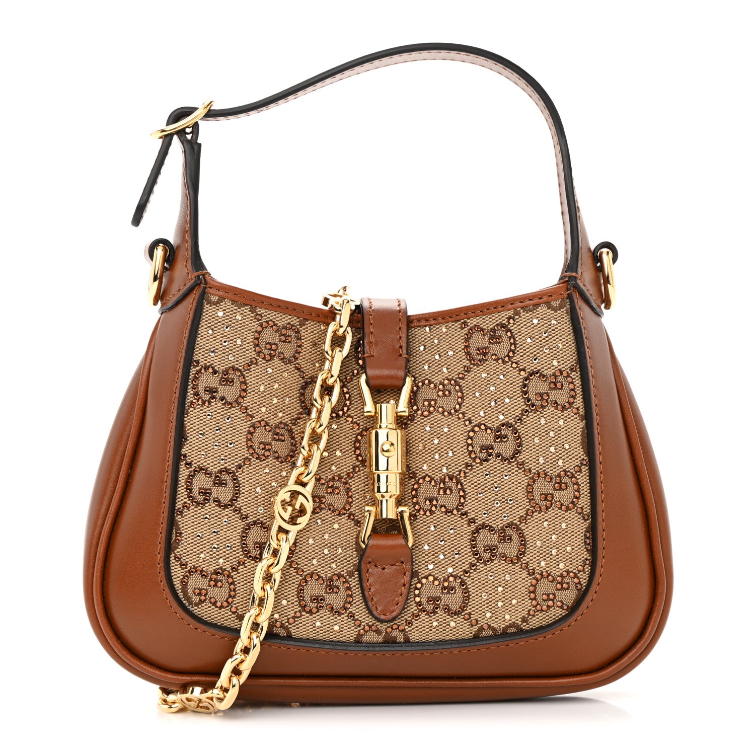 Gucci New Canvas Charisma Calfskin Crystal GG Monogram Mini Jackie 1961 Hobo Camel Ebony 1 of 12