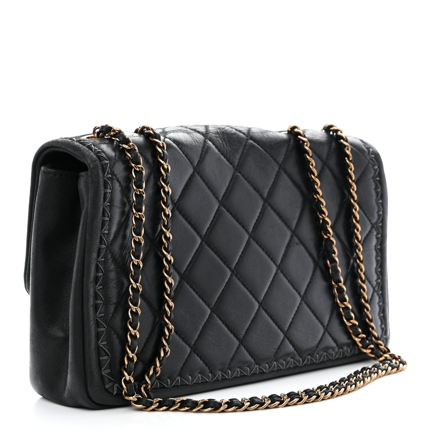 Lambskin Stitched Quilted Flap Black