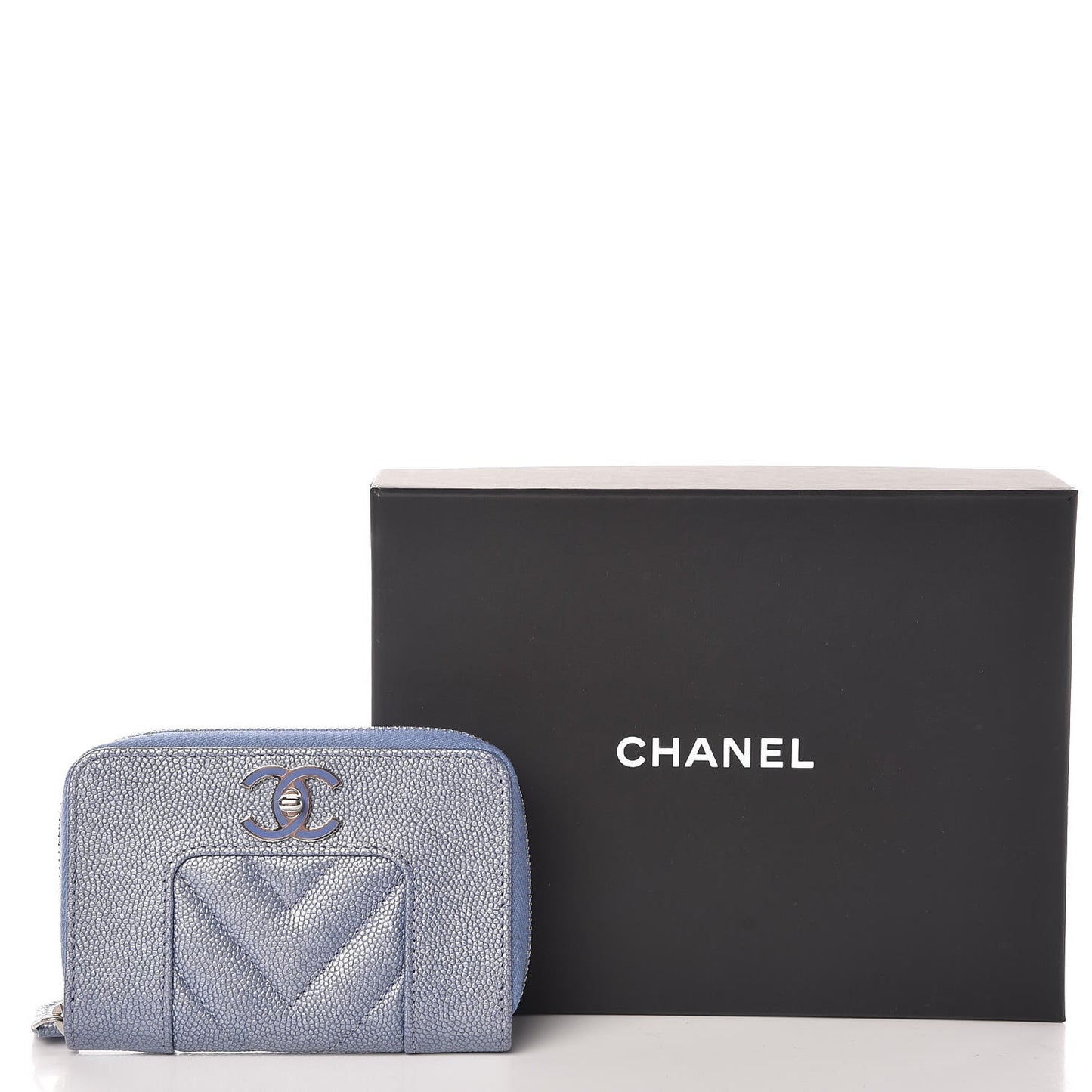 Metallic Caviar Chevron Quilted Vintage Mademoiselle Zip Coin Purse Light Blue