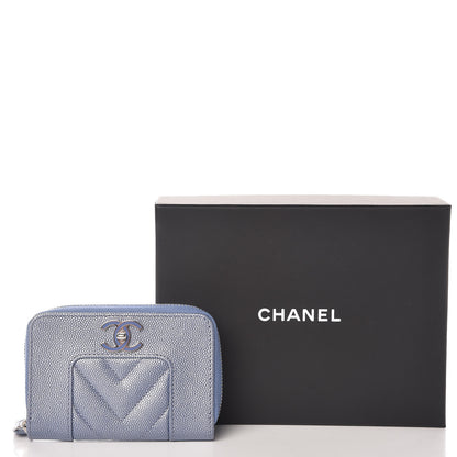Chanel Metallic Caviar Chevron Quilted Vintage Mademoiselle Zip Coin Purse Light Blue 8 of 8
