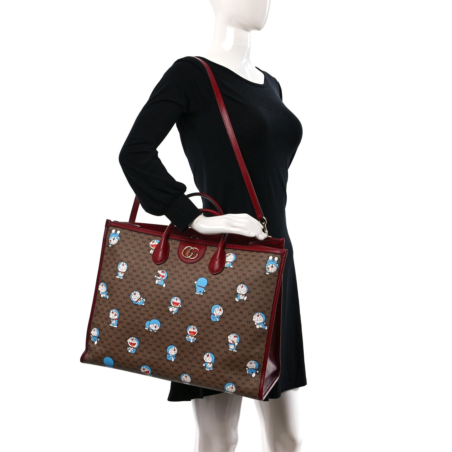 X DORAEMON Mini Vintage GG Supreme Monogram Large Tote Bag Beige Cherry Red