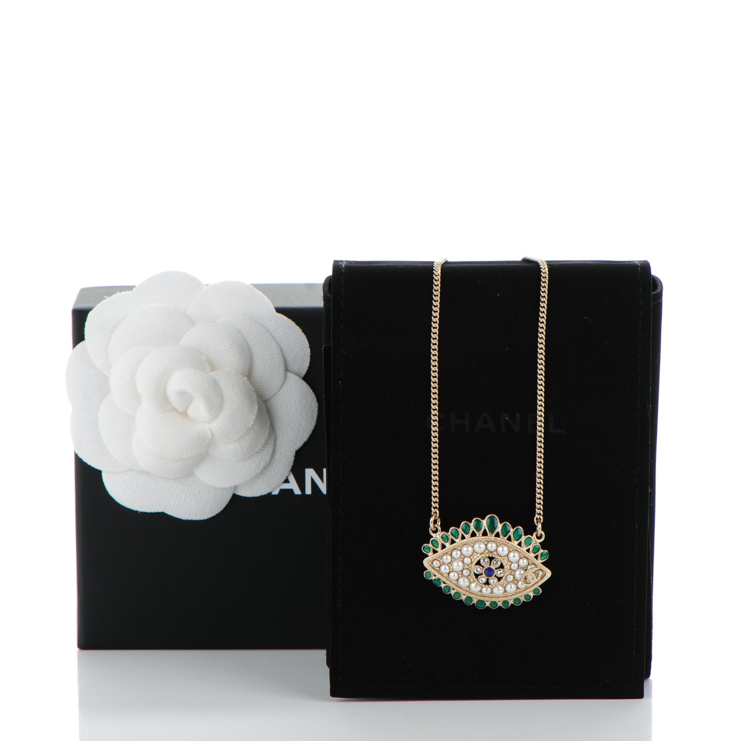 Resin Crystal Glass Pearl Eye Pendant Necklace Gold Multicolor