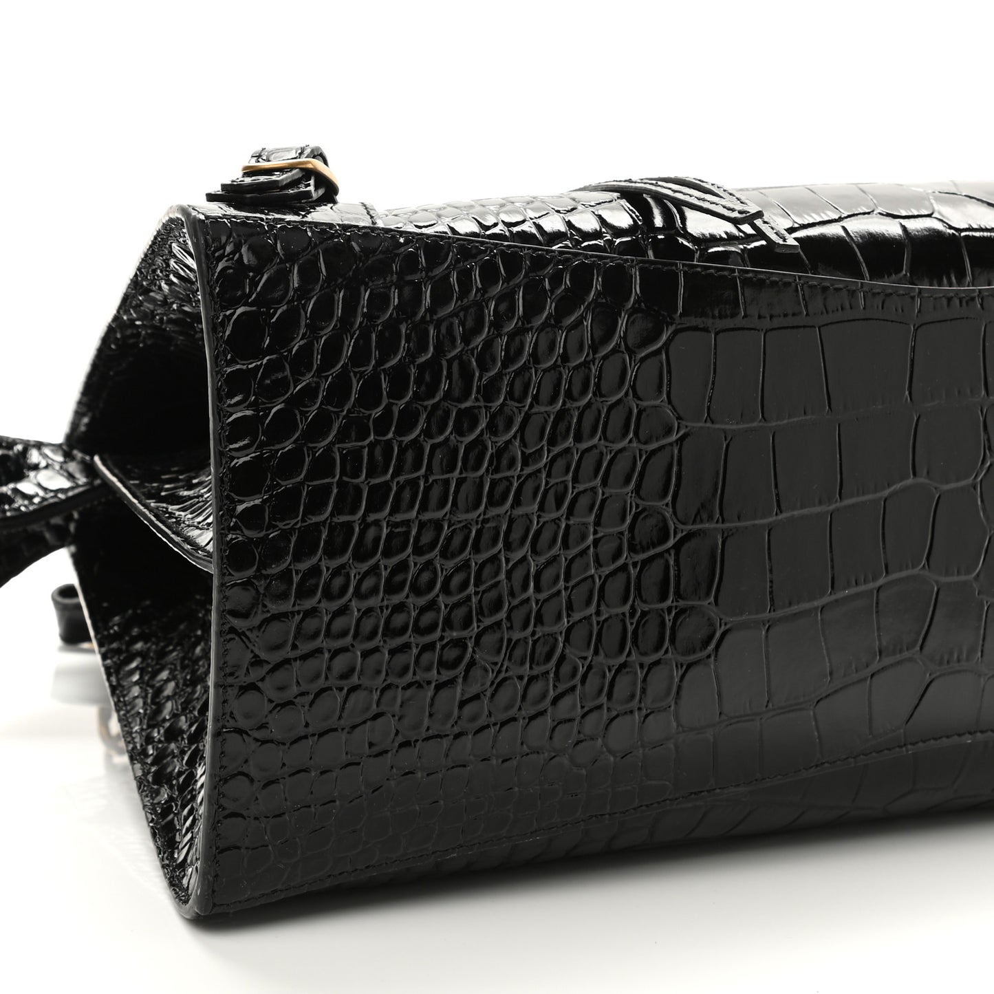 Shiny Supple Calfskin Crocodile Embossed Brass Hardware Neo Classic City Black