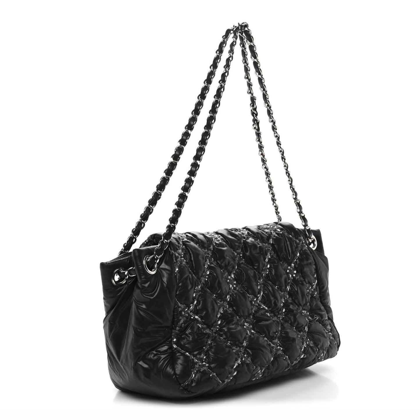 Nylon Quilted Tweed Stitch Bubble Accordion Flap Black