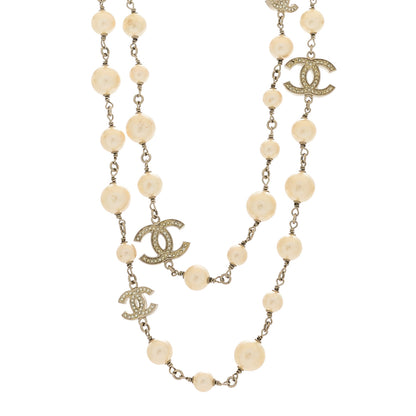 Chanel Graduated Pearl Crystal CC Long Necklace Silver 1 of 5