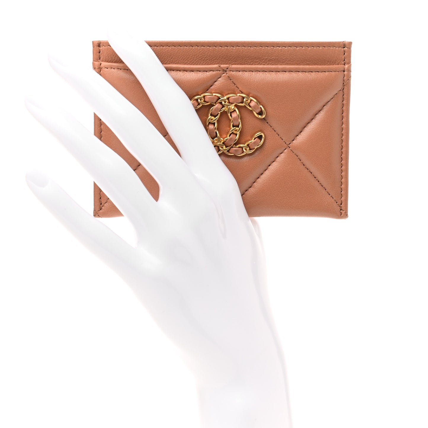 Lambskin Quilted Chanel 19 Card Holder Brown