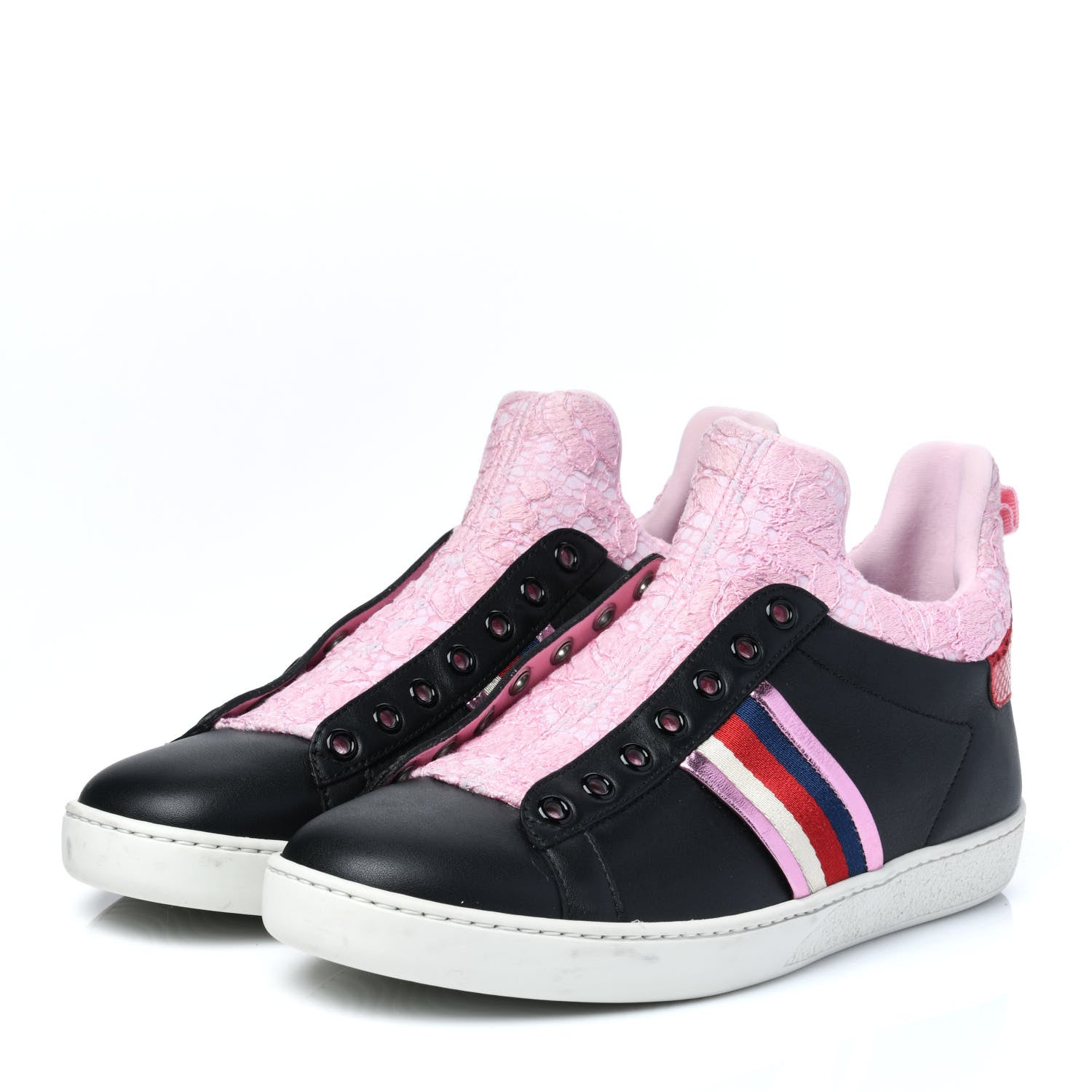 Gucci Calfskin Lace Ayers Sylvie Web Womens New Ace High Top Sneakers 39 Black 3 of 10