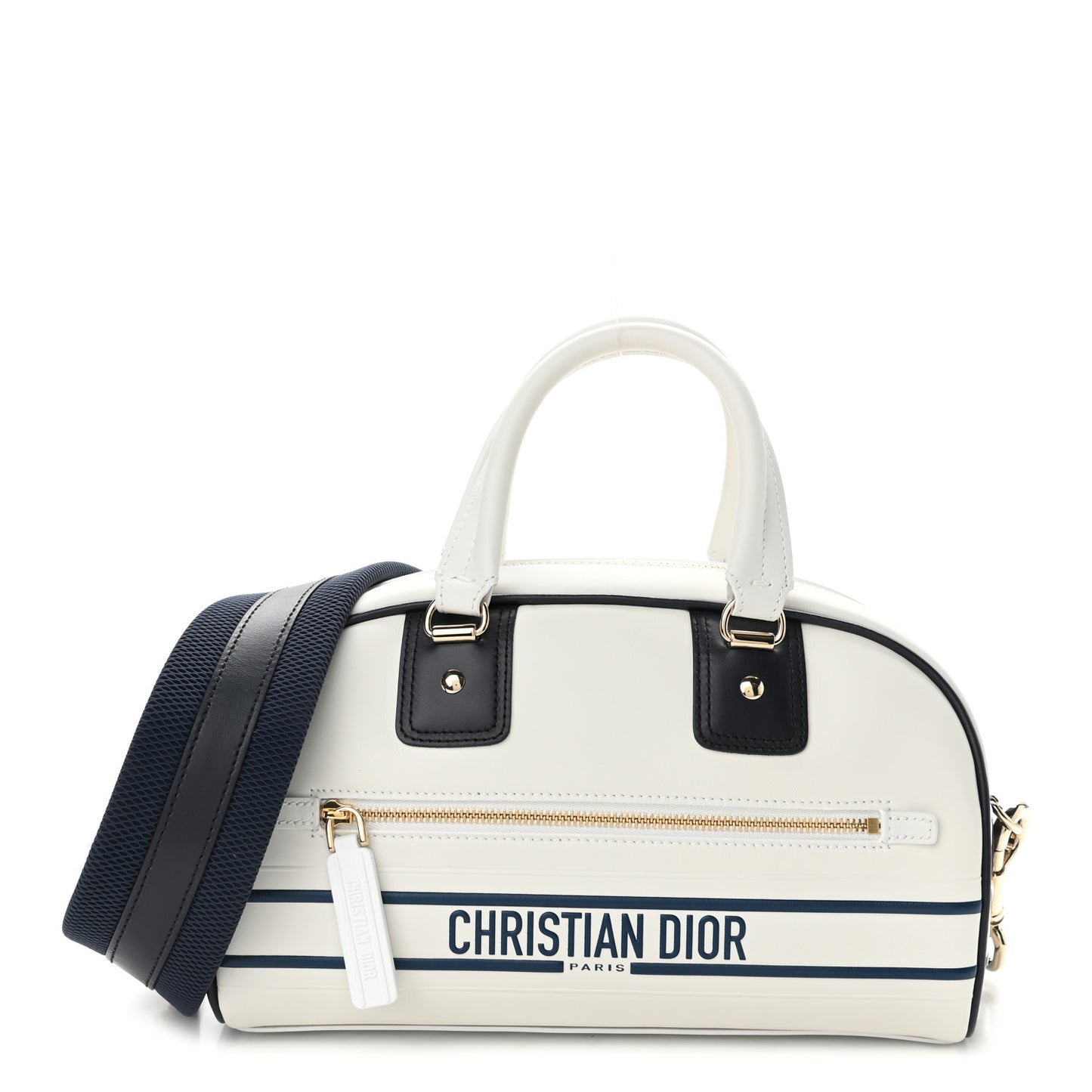 Calfskin Small Dior Vibe Zip Bowling Bag White