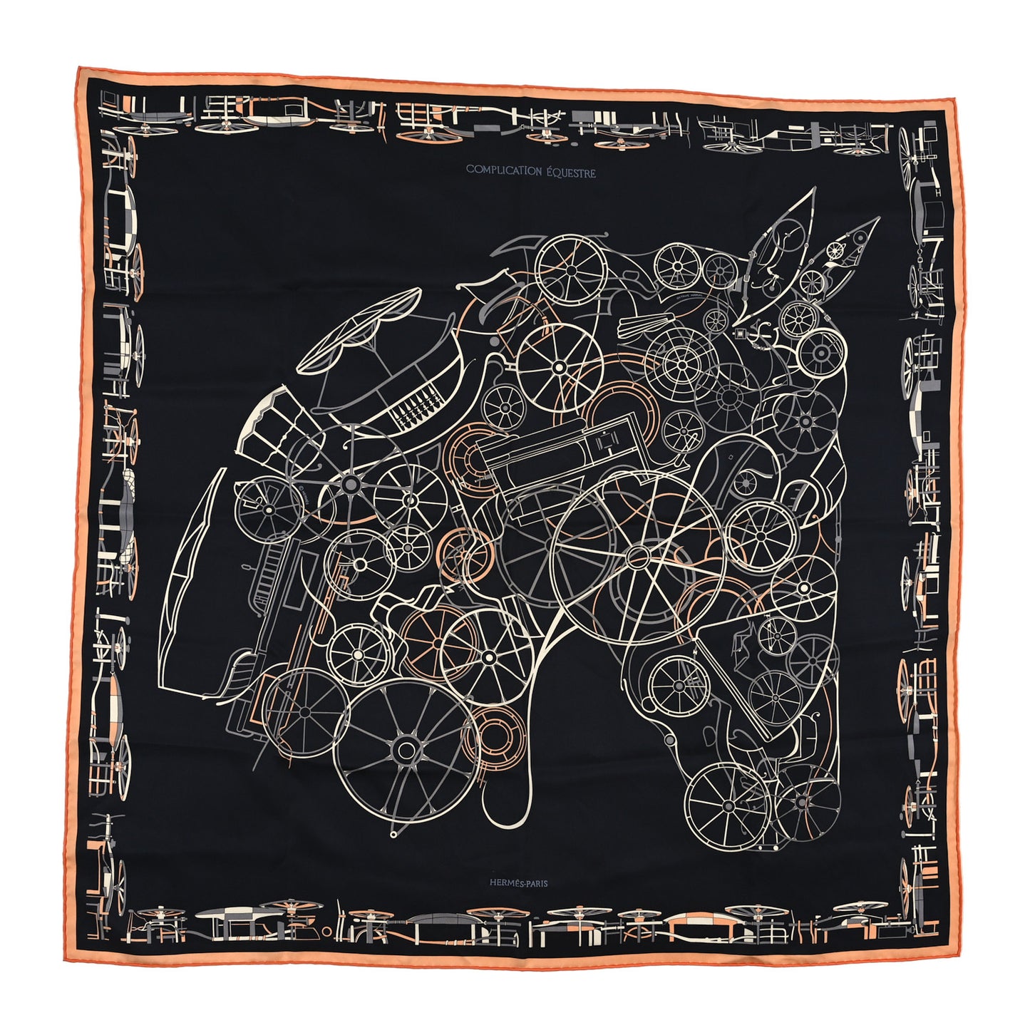 Silk Complication Equestre Scarf 90 Black Abricot White