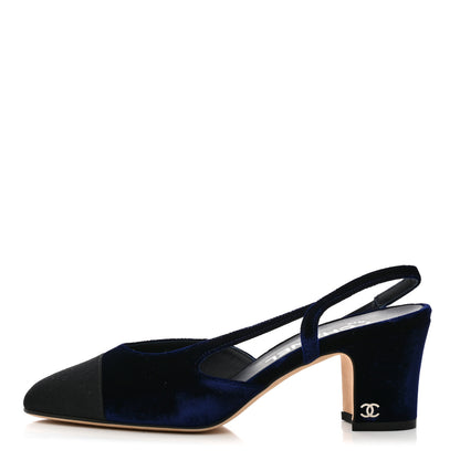 Chanel Velvet Grosgrain Cap Toe CC Slingback Pumps 36.5 Blue Black 1 of 8