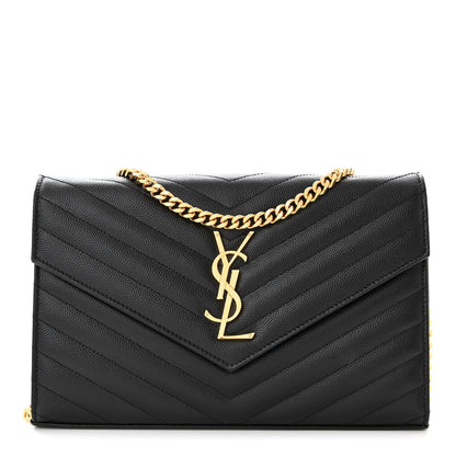 Saint Laurent Grain De Poudre Matelasse Chevron Monogram Chain Wallet Black 1 of 10