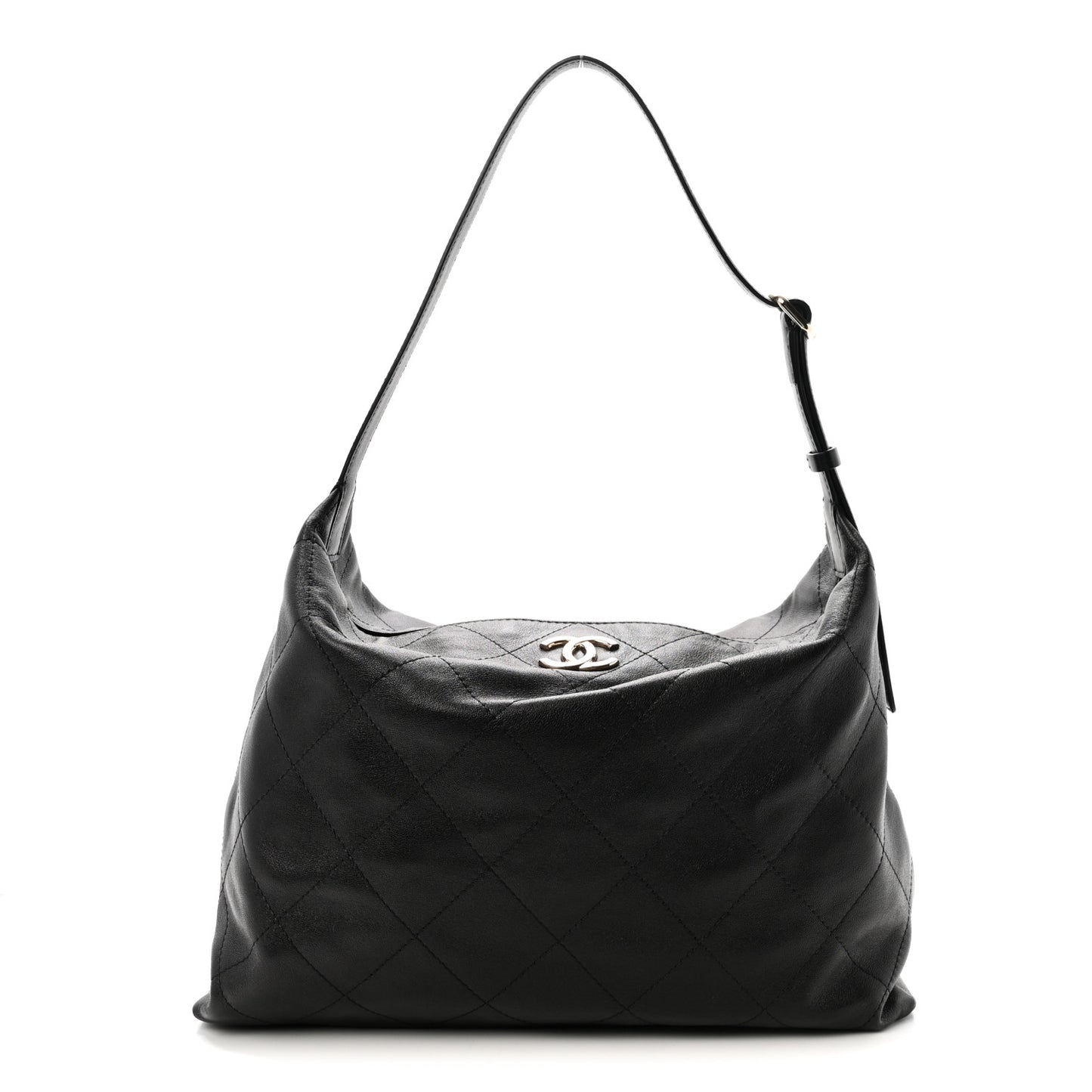 Shiny Lambskin Quilted Maxi Hobo Black