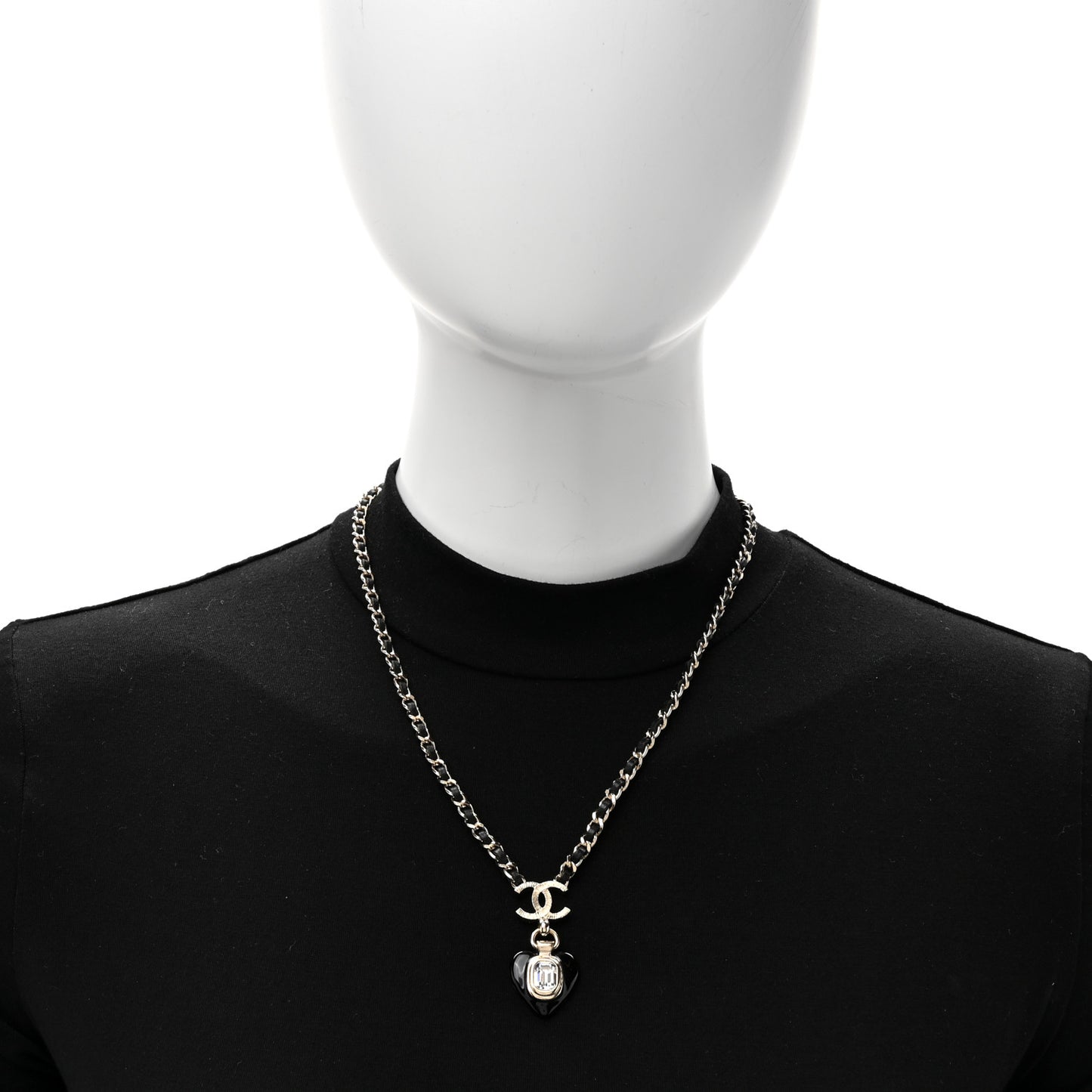 Lambskin Crystal Pearl CC Heart Drop Necklace Gold Black