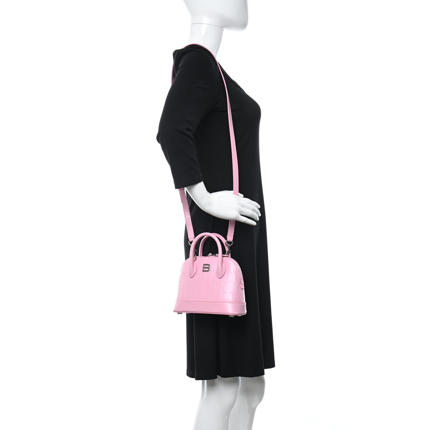 Balenciaga Semi Shiny Calfskin Rivet Crocodile Embossed XXS Ville Top Handle Bag Pink 3 of 5